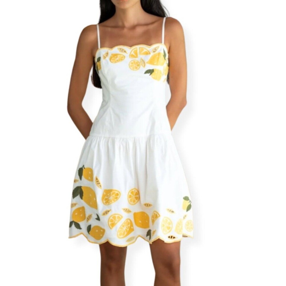 COREY LYNN CALTER White Dress with Yellow Lemon Print. Size M. Lemon Print Dress